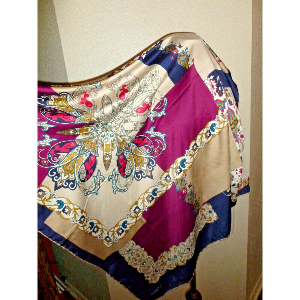 BONJELA FLORAL Blue Multicolor Vintage LARGE Polyester scarf 34"‎